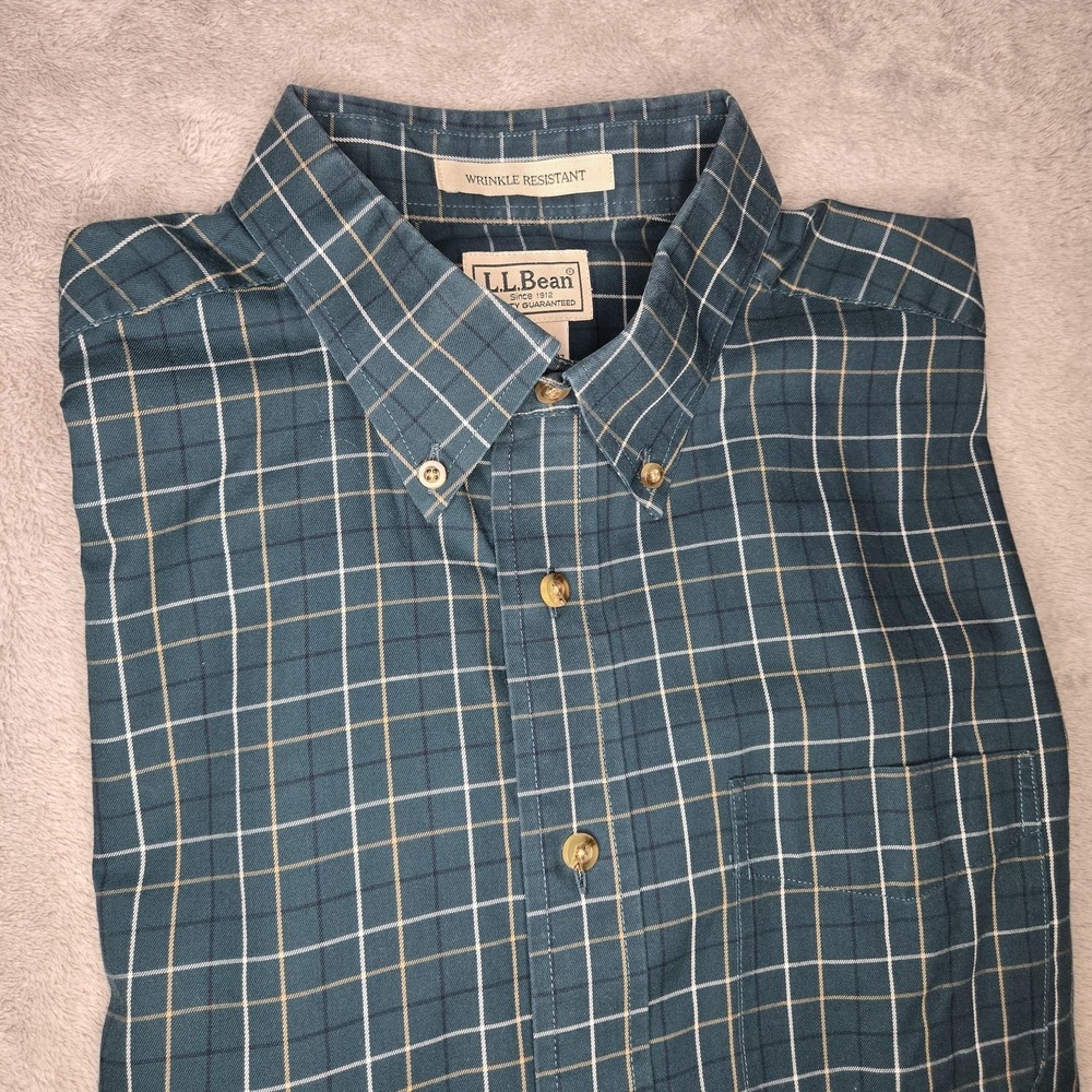 L.L. Bean Button Up Shirt Mens L Green Plaid Wrinkle Resistant Cotton Casual